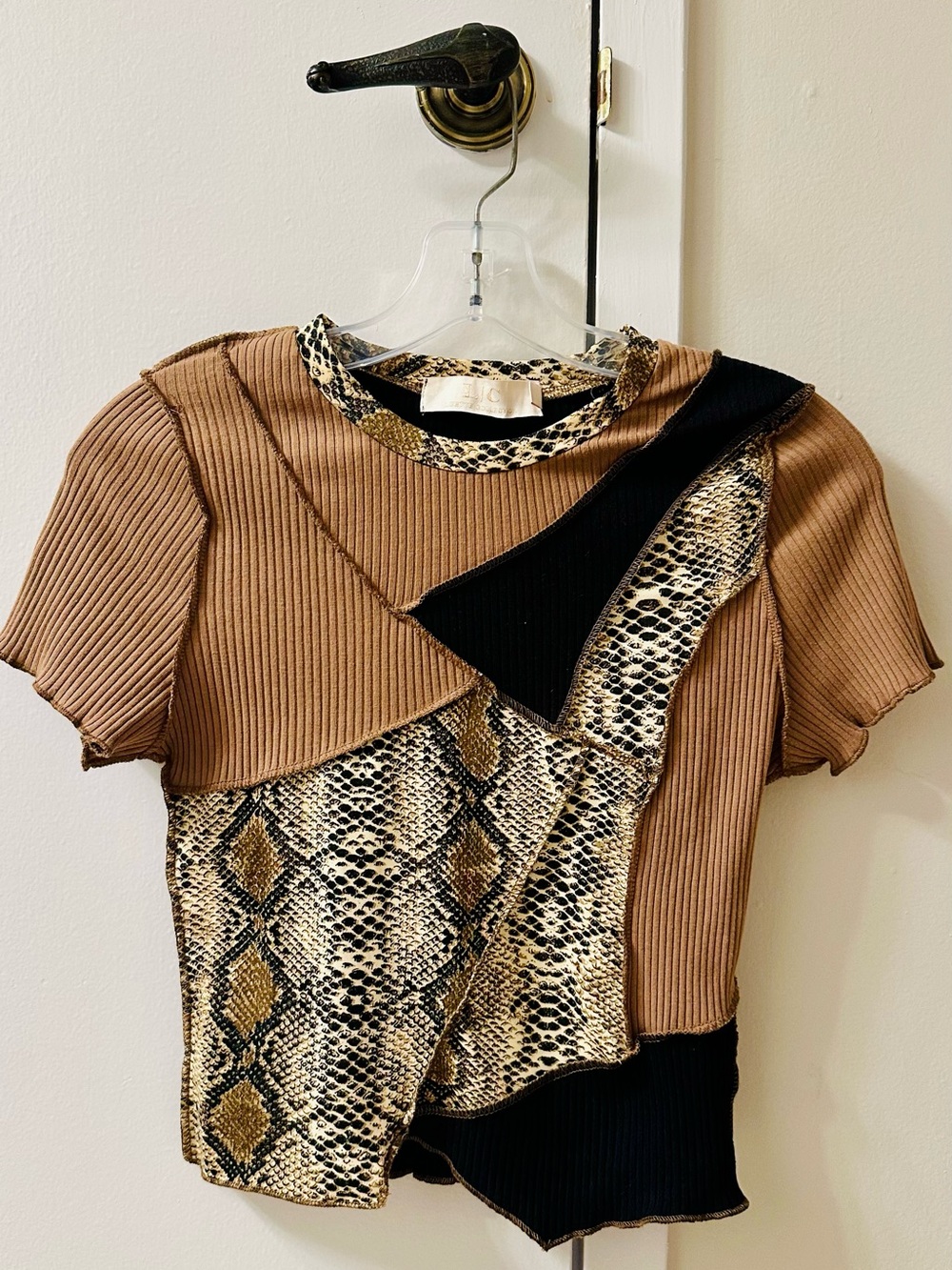 Patchwork Snake-Print Short Sleeve Tee in Brown